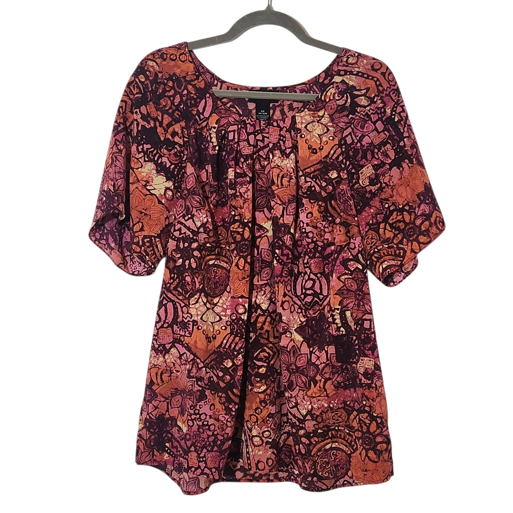Maggie Barnes Pink and Purple Print Short Sleeve Top Size 0X 14/16